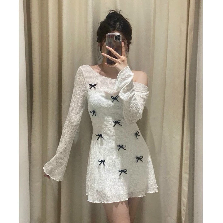 Váy xòe dáng ngắn đính nơ, Đầm nữ xòe gắn nơ, váy thiết kế dáng xòe tay loe đính nơ xinh xắn sang chảnh- D039 Lemshop
