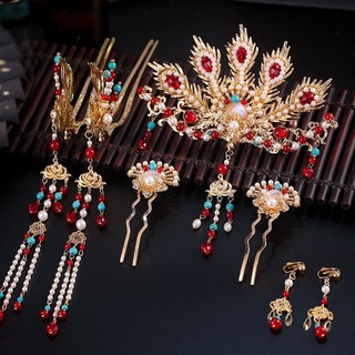 Mũ đội đầu Hanfu cổ đầy đủ Bộ phụ kiện tóc Cloisonne Ming Made Hair Crown Cloisonne Kẹp tóc Phoenix Tua Rua Burn Blue 10.15