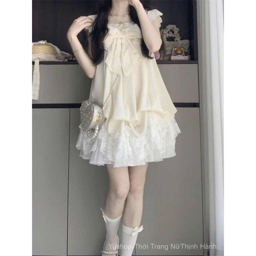 [Yu]Váy ngắn công chúa, tay bồng nhỏ, phong cách Pháp, mùa hè, điểm nhấn nơ.