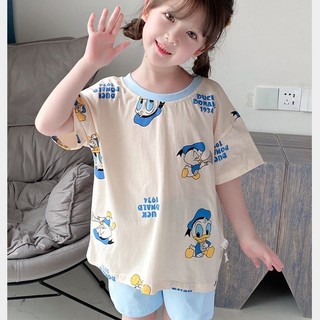 Bộ đồ ngủ bé gái mùa hè chất lạnh - Áo thun tay ngắn và quần short, mặc nhà thoáng mát