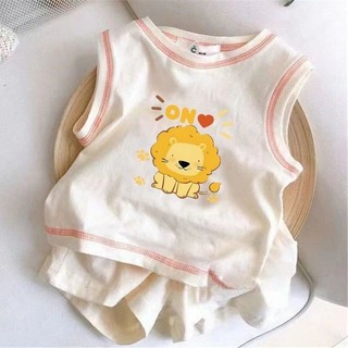 Mùa Hè Phong Cách Mới Bé Trai Bé Gái Dễ Thương Áo Vest Không Tay Phù Hợp Với Bé Hoạt Hình In Màu Sắc Tương Phản Quần Short Thể Thao Hai Mảnh Phù Hợp Với