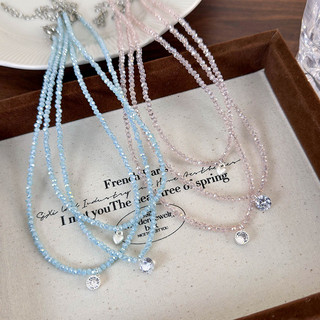 Vòng cổ ngắn nữ pha lê và zircon màu xanh hồng, phong cách Hàn Quốc đơn giản dễ thương, phù hợp cho mùa hè