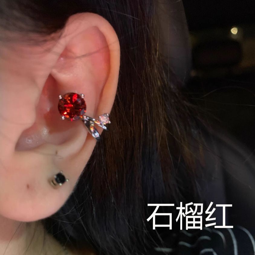 Bông tai Huazi siêu nhấp nháy kẹp xương tai zircon đỏ sang trọng không cần xỏ, cao cấp, dành cho nữ