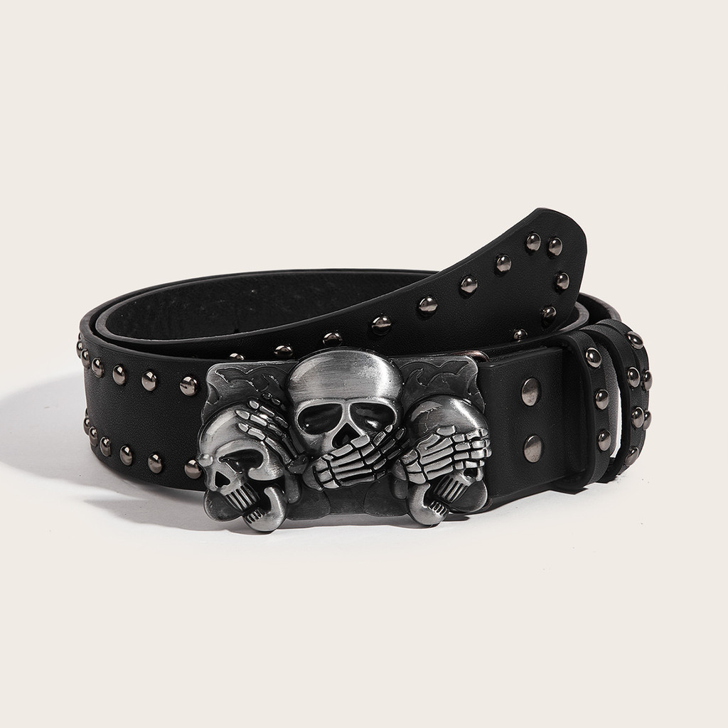 Thắt lưng punk skull đinh tán da gothic, điều chỉnh được, phù hợp unisex