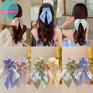 Dây buộc tóc nữ họa tiết hoa và nơ co giãn, phù hợp bé gái thanh lịch