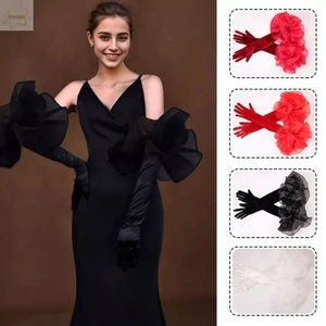 Găng tay cô dâu cưới dài hoa Organza nhung thanh lịch, co giãn, đầy đủ ngón tay, dự tiệc cưới