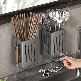 Khay Đựng Đũa Muỗng Gắn Tường Có Khay Thoát Nước, Hộp Cắm Đũa Thìa Nhà Bếp Tiện Lợi Không Cần Khoan