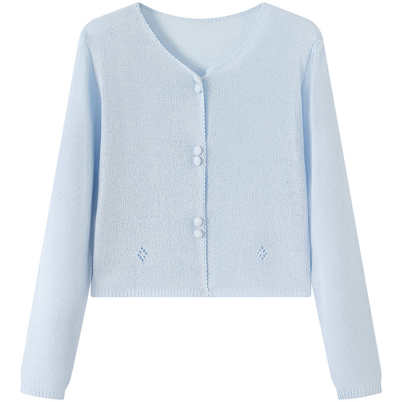 Mutu Pháp Xanh Mỏng Dệt Kim Cardigan Nữ Mùa Hè 2026 Phong Cách Mới Bên Ngoài Dài Tay Cổ Tròn Chống Nắng Áo Khoác Top