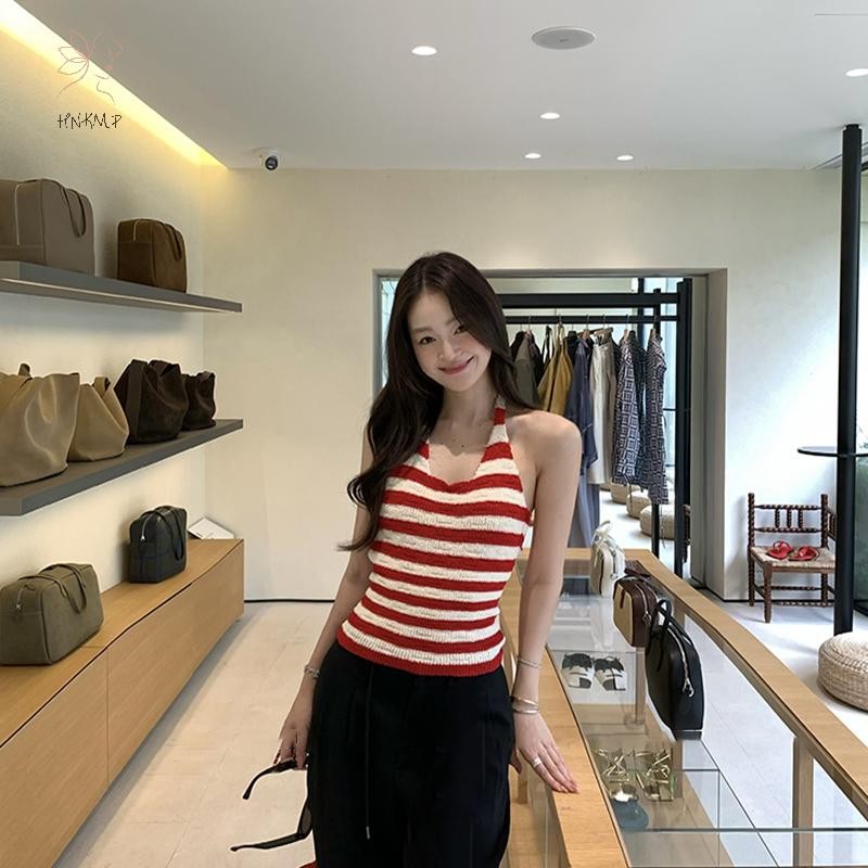 Áo vest nữbodycon không tay với họa tiết sọc và cổ lưng, thiết kế gợi cảm, dệt kim.