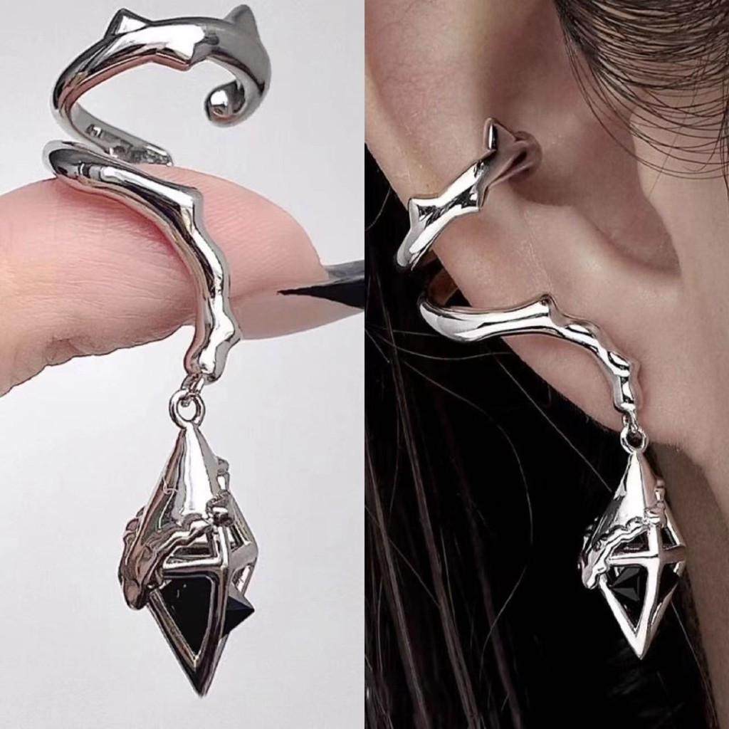Bông tai đinh tán zircon kim loại đen với thiết kế cuộn dây không đều