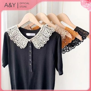 A & Y Áo sơ mi nữ phong cách ngọt ngào, có thể tháo rời ren hoa xù viền cổ