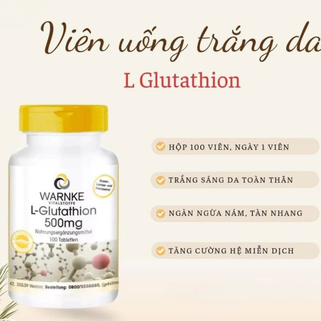 warnke l glutathione 500mg Viên uống Warnke L-Glutathione Đức 500mg hỗ trợ trắng da 100 viên