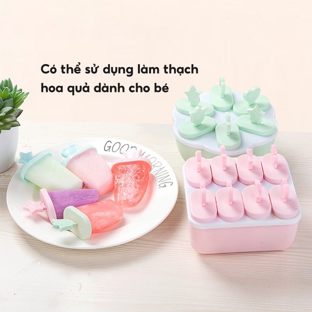 Khuôn Làm Kem 8 Ngăn Nhựa PP An Toàn Sức Khoẻ Khay Làm Kem Que Thạch Hoa Quả Dễ Sử Dụng