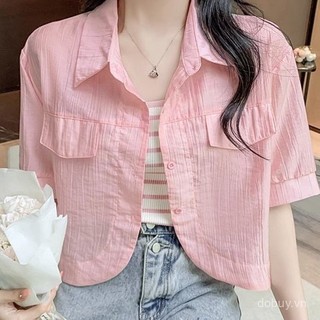 Ice Silk Polo Shirt Tay Ngắn Chống Nắng, Phối Với Cardigan Có Khăn Choàng - Thời Trang Mùa Hè