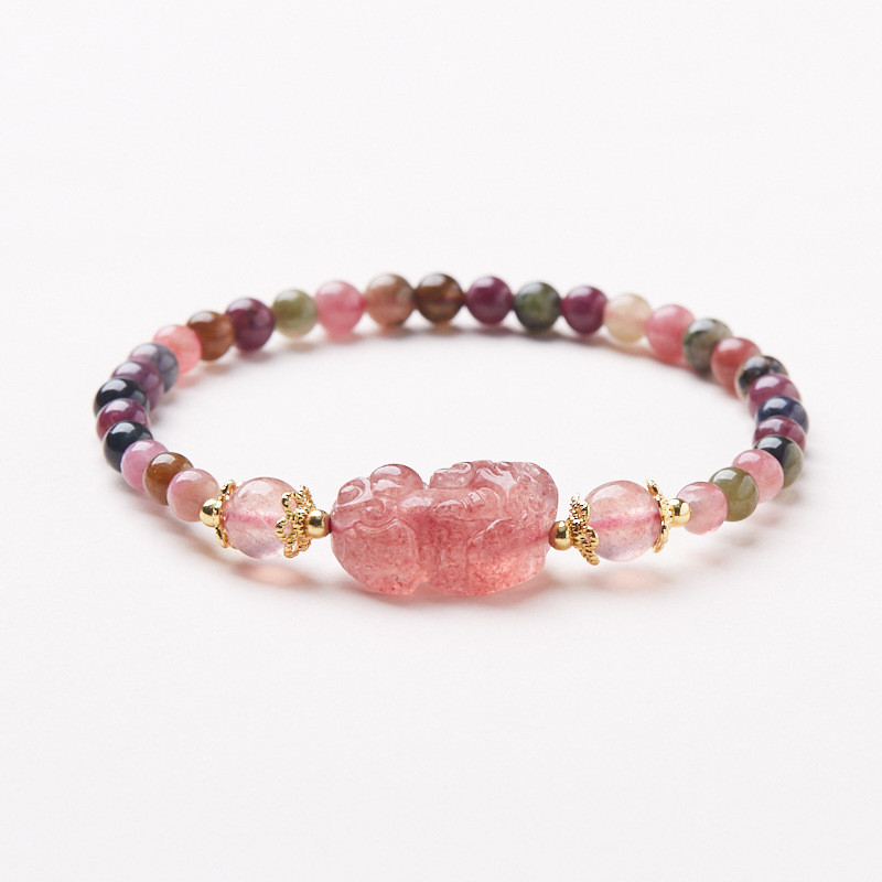 Tự Nhiên Cầu Vồng Tourmaline Vòng Tay Hồng Pixiu Chúc May Mắn Vòng Tay Nữ Bảy Màu Phong Cách Quốc Gia Mới Vòng Tay
