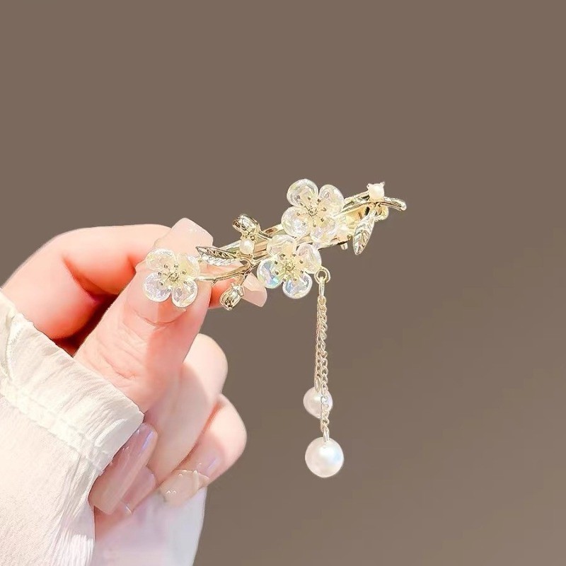 Mauropoli [Sẵn Sàng] Kẹp Tóc Tua Rua Hoa Nhỏ Bằng Kính Nữ Thiết Kế Niche Tính Khí Kẹp Bên Nổ Kẹp Tóc Gãy Kẹp Tóc Cổ
