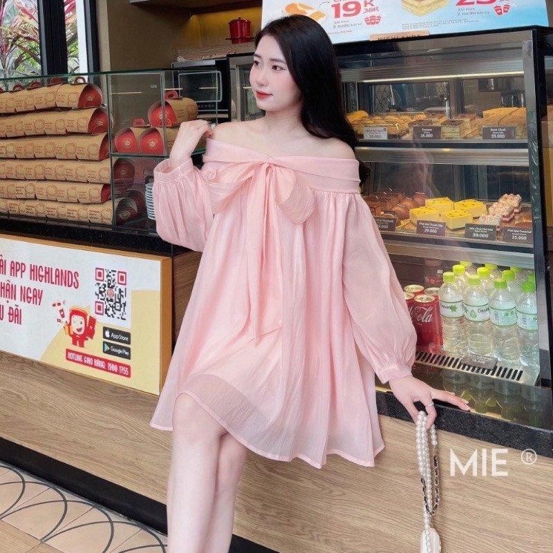 Đầm thiết kế trễ vai nơ bản to chất tơ tay phồng tiểu thư A5687