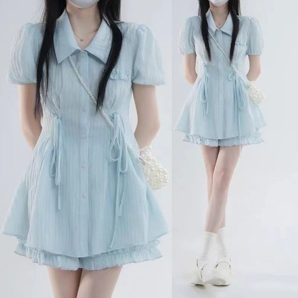Bộ đồ nữ Thiết kế việt quất Xanh mới ngọt ngào Áo sơ mi ngắn tay + quần Short Bộ đồ hai mảnh eo cao