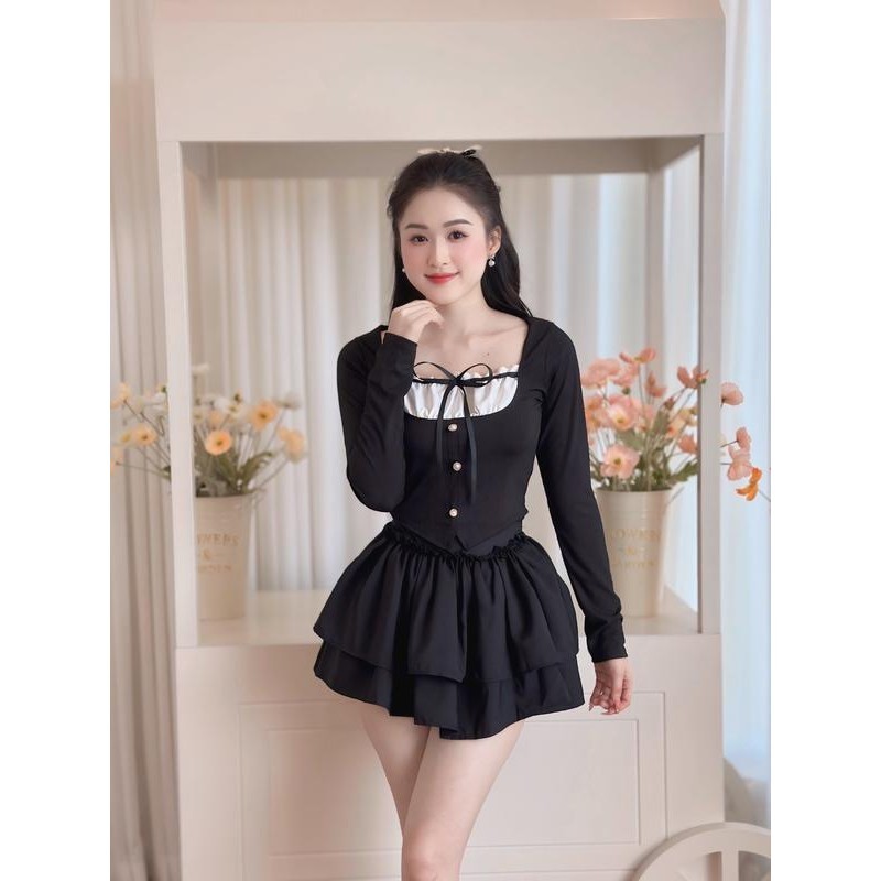 Sét đầm áo tay dài phối màu chất Gân Tăm + Chân váy quần bí 2 tầng chất Kate dày Size dưới 55kg TT88