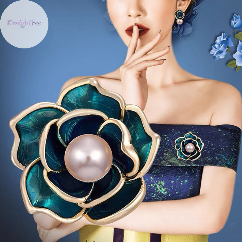 K2nightfee Xanh Kim Cương Giả Hoa Camellia Trâm Cài Cho Nữ Men Pin Thanh Lịch Ve Áo Chân VN