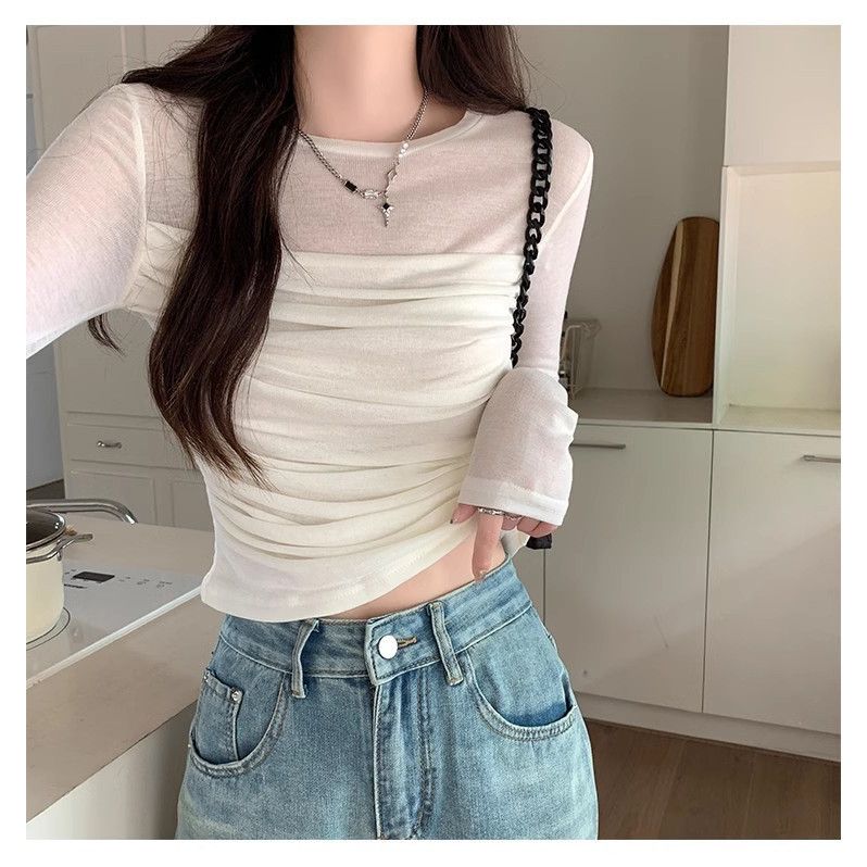 Milyfashion Mỏng Lưới Dài Tay Áo Thun Nữ Đầu Thu Phong Cách Mới Xếp Ly Slim-Fit Đáy Áo Sơ Mi Ngắn Top Bé tee Y2K