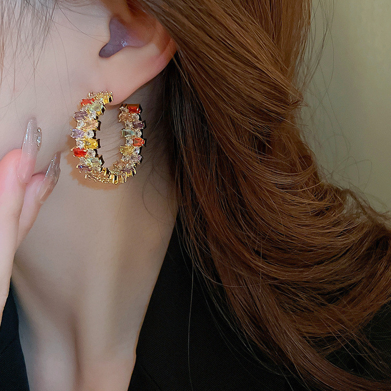 Bạc Kim Vuông Nhiều Màu Sắc Zircon Bông Tai Sang Trọng Ánh Sáng Sang Trọng Bông Tai Bán Buôn