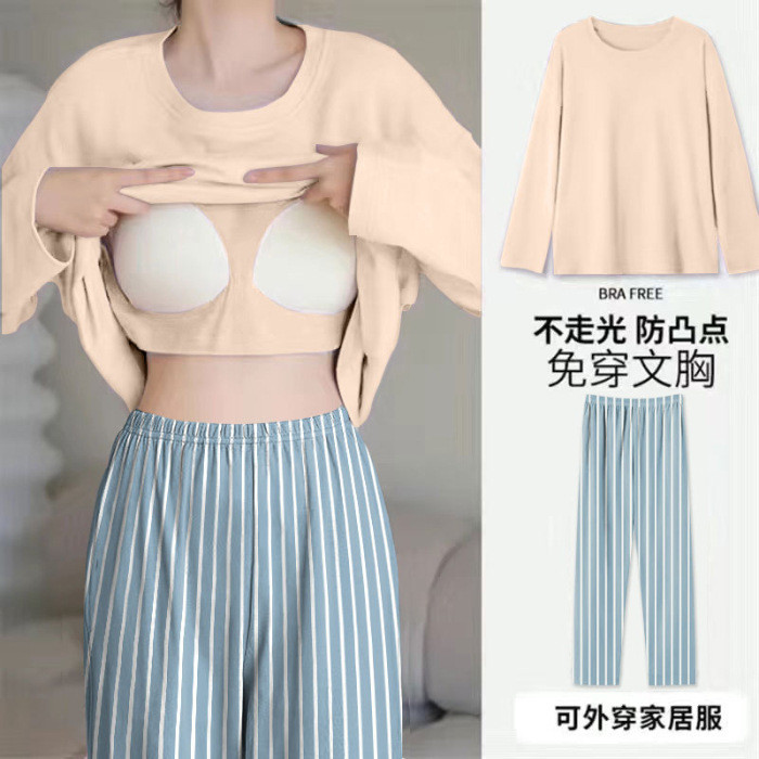 Mùa xuân thu có miếng đệm ngực chống lộ đồ ngủ dài tay rộng rãi dành cho nữ cỡ lớn cộng với kích thước đơn giản phù hợp với đồ mặc nhà có thể mặc bên ngoài