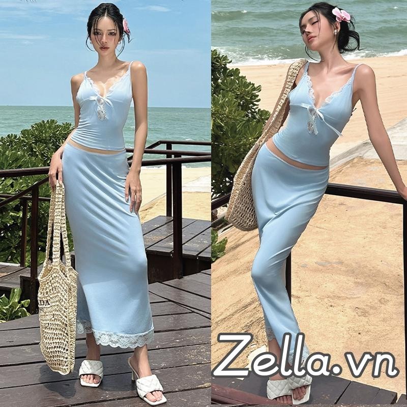 Bộ trang phục mùa hè 2 món dành cho nữ Áo hai dây không tay + Bộ váy dài