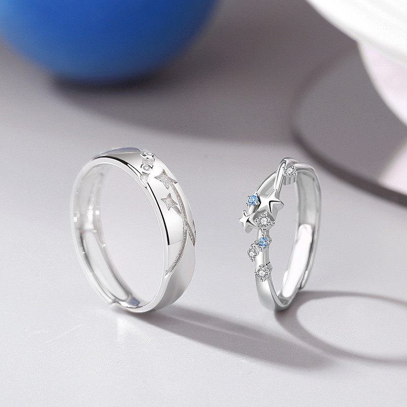 S925 Bạc Kim Cương Sao Băng Tắm Cặp Đôi Nhẫn Mở Có Thể Điều Chỉnh Nam Nữ Nhẫn Cặp Đôi Quà Tặng Ngày Lễ Tình Nhân
