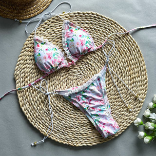 Đồ bơi nữ màu hồng hoa ren cốc dây hai mảnh Bikini Đồ bơi