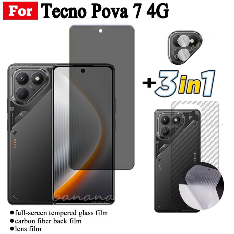 Dành cho Tecno Pova 7 4G Kính cường lực chống ánh sáng xanh RayTempered Tecno Pova 7 5G Pova 7 Pro Pova 7 Kính cường lực siêu chống gián điệp Bảo vệ màn hình + Phim ống kính máy ảnh + Phim mặt sau