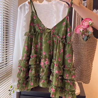 Camisole cổ chữ V xanh rời họa tiết bánh xù ngọt ngào, phong cách ngày lễ cho áo vest nữ mùa hè ôm body siêu đẹp