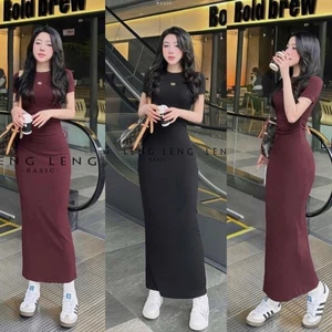 "Đầm body ôm dáng dài tay ngắn cổ tròn chất thun ladong