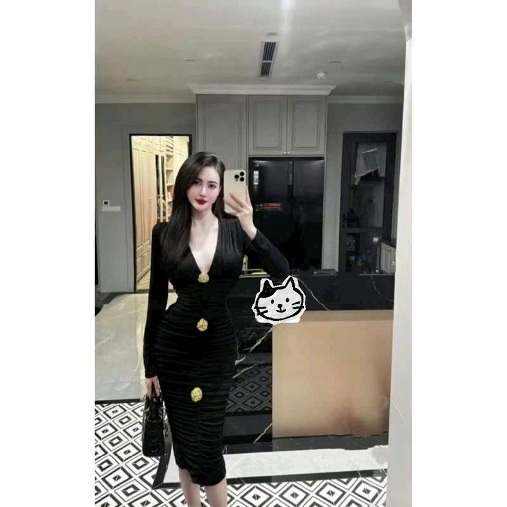 Đầm body dài tay cổ V đính 3 tab, thiết kế sang trọng cho tiệc và đi chơi - Chất liệu thun ladong