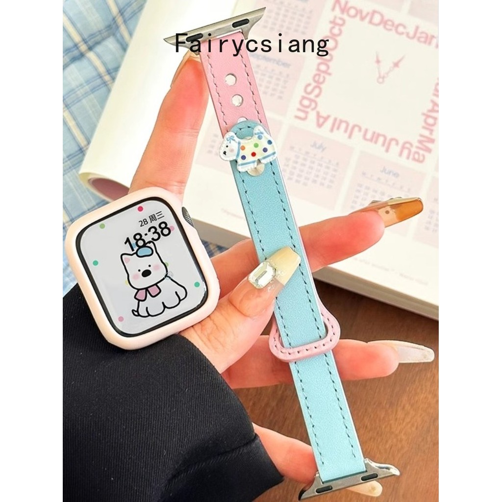 Dây da màu hồng + Sku màu xanh cho Apple Watch 10 42 46mm SE 44 45mm 9 8 7 6 5 4 Vòng tay cho Iwatch 38 41 40mm Ultra2 49mm