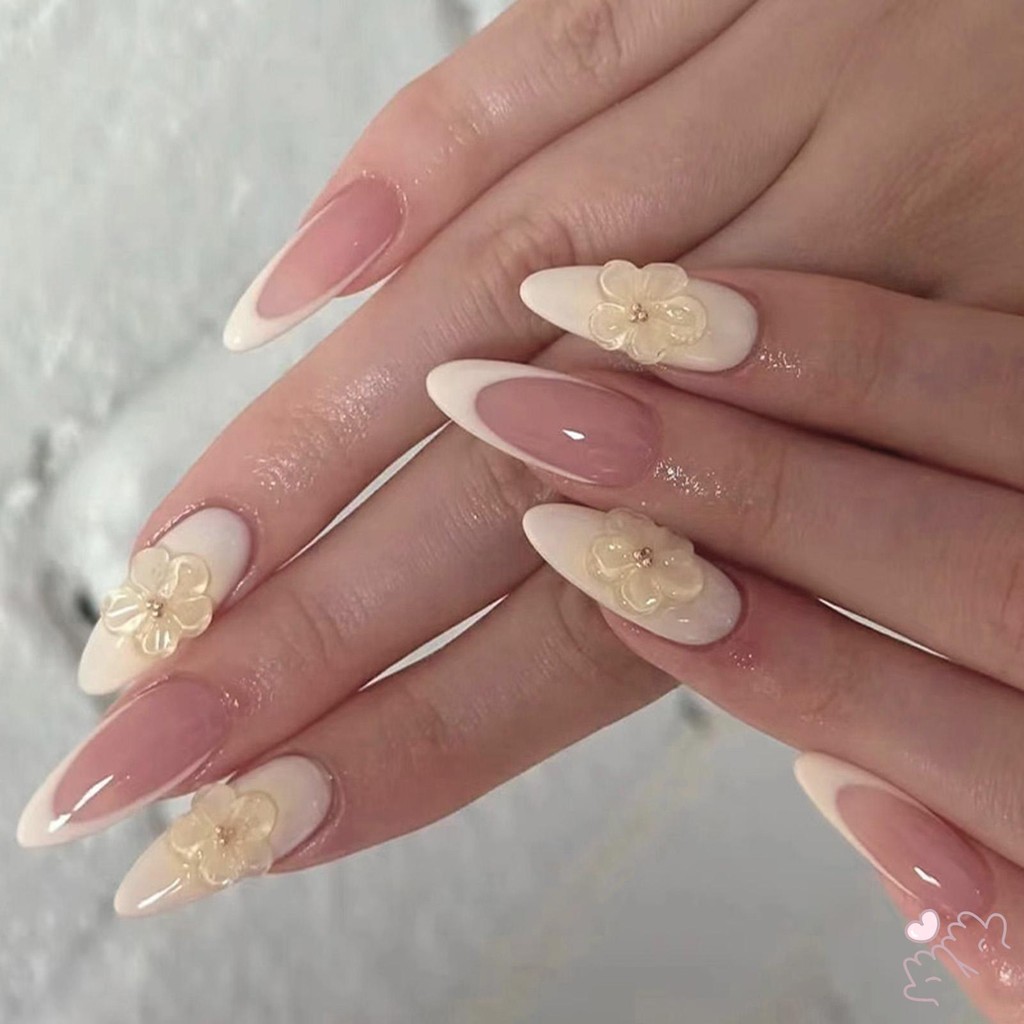 Pháp Hoa Ấn Trên Móng Tay Dài Trắng Ngọt Ngào Phong Cách Móng Tay Giả Cho DIY Thiết Kế Móng Tay Nghệ Thuật Salon