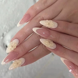 Pháp Hoa Ấn Trên Móng Tay Dài Trắng Ngọt Ngào Phong Cách Móng Tay Giả Cho DIY Thiết Kế Móng Tay Nghệ Thuật Salon