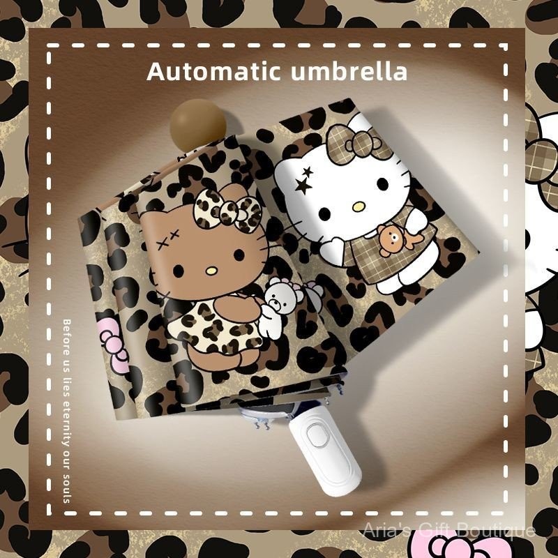 Ô tự động hình da báo Hello Kitty, Vinyl di động gia cố - Phù hợp cho học sinh dùng trong mưa và nắng