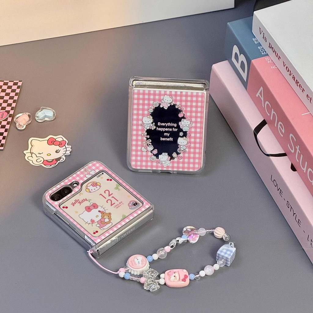 Gương Màu Hồng Checkered Kitty Vòng Tay Thích Hợp Cho Samsung Galaxy Zflip7 Vỏ Điện Thoại Hoạt Hình Dễ Thương Dây Gấp Vỏ Cho ZFlip 7 6 5 4 5G N3flip Mixflip Vỏ Bảo Vệ