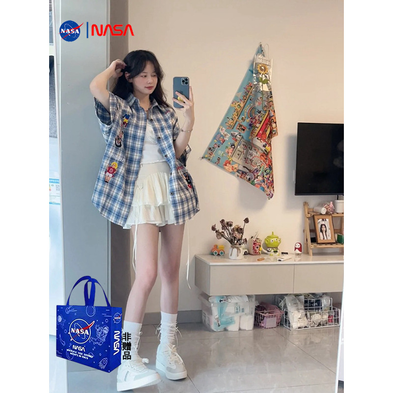 [Yu]Áo khoác sơ mi caro ngắn tay, thiết kế NASA độc đáo, phong cách Nhật Bản mới.
