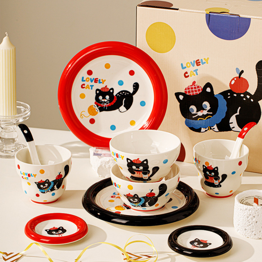 Bát Đĩa Sứ Cao Cấp Hình Mèo Đen Cute, Bát Cơm, Đĩa, Tô Đa Dạng Kích Thước SET019