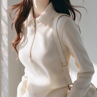 Áo len cổ polo trắng tay dài dành cho nữ, phù hợp mùa thu với chất liệu dệt kim mỏng nhẹ