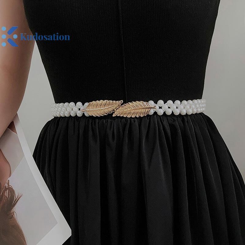 Kudosation Nữ Ngọc Trai Dây Thắt Lưng Ngọc Trai Kẻ Sọc Thắt Lưng Trang Trí Thắt Lưng Mỏng Đính Hạt Thắt Lưng Co Giãn