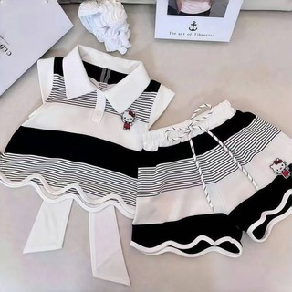 Bộ Đồ Bé Gái Hello Kitty – Áo Polo Kẻ Sọc & Quần Short Thời Trang Hàn Quốc Cho Bé