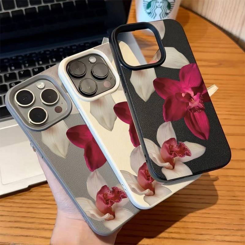 Vỏ Tương Thích Cho iPhone 16 11 12 13 14 15 17 Pro Max Cho iPhone 16e XR X XS Max 14 15 Plus Thiết Kế Hoa Lan Màu Đỏ Thanh Lịch Silicon Chống Rơi Vỏ Bảo Vệ