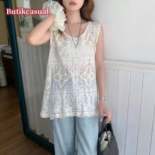 Phụ Nữ Nguyên Chất Cotton Thêu Singlet Cổ Tròn Rời Áo Mùa Hè 2025 Mỏng Trắng Áo