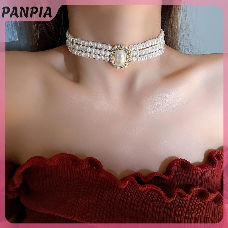 PNPIA-Pháp Retro Hương Thơm Nhỏ Ba Lớp Ngọc Trai Vòng Cổ Flash Ngọc Trai Váy Cưới Xương Đòn Dây Xích Nữ Cổ