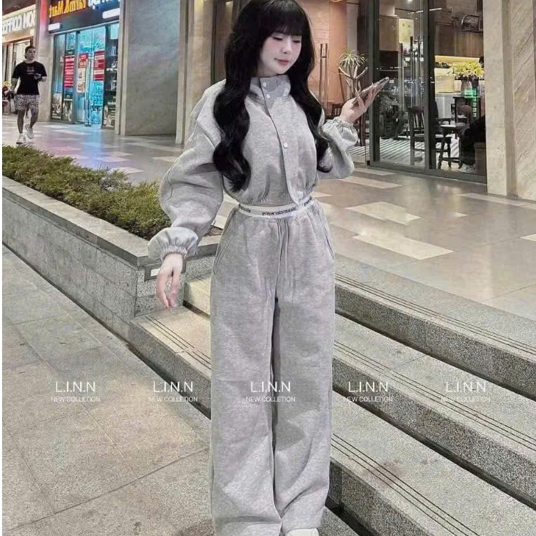 Bộ Nỉ Croptop Khuy Bấm Mix Quần Ống Suông KCloset Màu Xám Tiêu Siêu Hách Dáng NA982