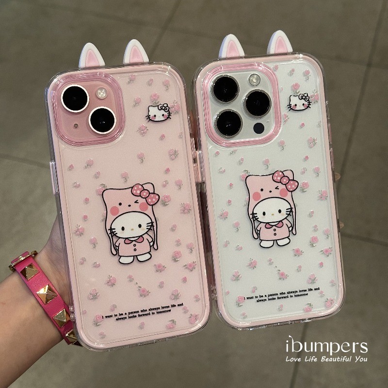 ibumpers Ốp Điện Thoại iPhone Hello Kitty Dễ Thương Tai Mèo Màu Hồng Cho IPhone 11 12 13 14 15 16 Pro Max Ốp Lưng Acrylic Trong Suốt Viền Màu Tinh Khiết
