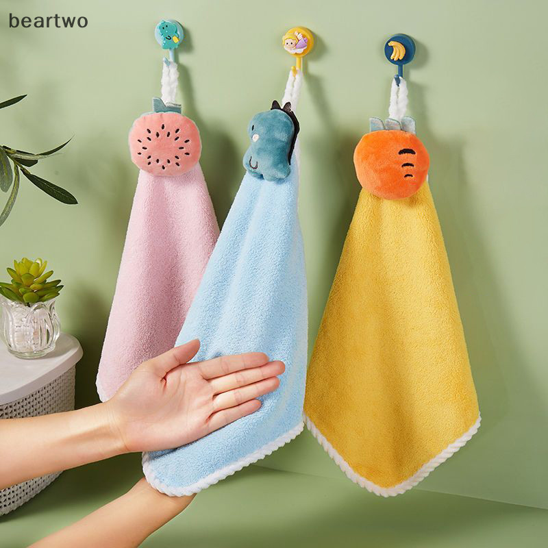 < Beartwo > Khăn tay Khăn tay trẻ em dễ thương Khăn tay khô thấm hút Khăn nhà bếp Khăn lông cừu san hô có nhẫn đẹp